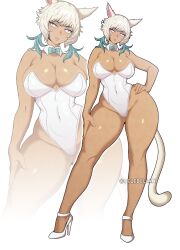 1girl animal_ears blind blush bow bowtie breasts cat_ears cat_tail celebelian cleavage collar covered_navel dark-skinned_female dark_skin final_fantasy final_fantasy_xiv full_body gluteal_fold green_bow green_bowtie groin high_heels highres large_breasts leotard lips looking_at_viewer miqo&#039;te multiple_views open_mouth playboy_bunny shoes short_hair stiletto_heels tail thick_thighs thighs white_collar white_eyes white_hair white_leotard white_shoes wide_hips y&#039;shtola_rhul