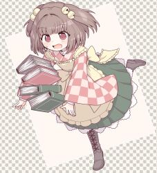 1girl apron bell book brown_footwear brown_hair character_name checkered_clothes checkered_kimono clumsy commentary_request frilled_apron frills full_body green_skirt hair_bell hair_ornament highres japanese_clothes kimono long_sleeves medium_hair motoori_kosuzu oninamako open_mouth red_eyes skirt solo sweatdrop touhou tripping two_side_up wide_sleeves yellow_apron