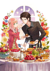 1boy 1girl alcohol alicia_licen apple arched_window bad_id banana black_shirt blue_flower bowl bread brown_eyes brown_hair cake cake_slice candle candlestand cantaloupe cheese cherry chocolate_cake closed_mouth clothing_request collar crescent_moon cup dress drink drinking_glass feeding flower flower_request fly_agaric food fork fruit green_eyes grey_collar hair_flower hair_ornament highres holding holding_food holding_fork holding_plate holding_spoon ice_cream indoors kashburn_licen kishida_mel leaf light_brown_hair long_dress long_hair long_sleeves looking_at_viewer looking_away melon moon multicolored_flower mushroom night orange_flower pear pie pie_slice pink_dress pink_flower pink_hair pink_rose pink_tulip plant plate potato potted_plant purple_flower red_flower red_mushroom red_rose rimless_eyewear rose sandwich shinigamihime_no_saikon shirt short_hair smile spoon star_(symbol) strawberry table tea teapot third-party_source tulip vase white_flower white_rose window wine wine_glass yellow_flower yellow_rose