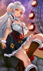 Rule 34 | 1girl, absurdres, artist name, black skirt, boots, breasts, dusk, earrings, ferris wheel, frilled skirt, frills, highres, jewelry, knee boots, large breasts, long hair, looking at viewer, night, original, pleated skirt, pointy ears, ponytail, scrunchie, see-through clothes, see-through sleeves, shirt, short sleeves, skirt, sky, smile, solo, star (sky), starry sky, very long hair, white hair, white scrunchie, white shirt, wrist scrunchie, yellow eyes, yeonrizee
