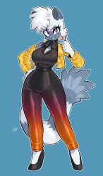 1girl breasts cleavage curvy earrings female_focus full_body furry furry_female hand_on_own_hip high_heels highres jamoart jewelry large_breasts looking_at_viewer purple_eyes secretary short_hair simple_background solo sonic_(series) tangle_the_lemur white_hair wide_hips