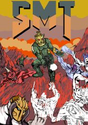 artist_request bodysuit copyright_name crossover demonica doom_(series) doom_i firing green_bodysuit gun helm helmet highres holding holding_gun holding_weapon jack_frost_(megami_tensei) military military_uniform oni_(megami_tensei) parody poster_(medium) running shin_megami_tensei shin_megami_tensei:_strange_journey third-party_source thor_(megami_tensei) title_parody weapon
