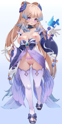 1girl absurdres bad_tag bare_shoulders black_choker blonde_hair blue_background blunt_bangs breasts camouflage choker cleavage closed_mouth detached_sleeves extremely_high_resolution eyebrows female female_focus full_body functionally_nude genshin_impact gloves gluteal_fold gradient_background hair_ornament highres huge_filesize innie japanese_clothes large_breasts loli_face long_hair looking_at_viewer navel nipples open_mouth paid_reward pubic_tattoo pussy sangonomiya_kokomi smile socks solo tabi tattoo thick_eyebrows thighhighs traditional_clothes uncensored waterring white_gloves white_legwear white_thighhighs wide_sleeves
