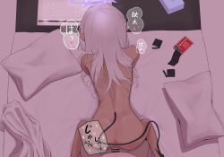 1boy 1girl absurdres ass back bar_censor blue_archive censored commentary_request completely_nude condom dark-skinned_female dark_skin demon_tail doggystyle from_above hetero highres indoors iori_(blue_archive) median_furrow mintchoco_(minchothudong) nude on_bed pillow pointy_ears sensei_(blue_archive) sex sex_from_behind tail translation_request white_hair