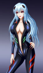 Rule 34 | 1girl, ayanami rei, black bodysuit, blue hair, bodysuit, breasts, collarbone, corruption, dark persona, eyeshadow, fingernails, highres, kiryu (pixiv1983506), long hair, makeup, mecha pilot suit, medium breasts, navel, navel piercing, neon genesis evangelion, piercing, pink eyes, plugsuit (evangelion), red eyeshadow, red lips, red nails, sharp fingernails, smile, solo, unzipped