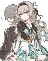 2girls back-to-back black_coat black_hairband black_jacket black_ribbon blue_dress blue_eyes blue_hair blue_thighhighs blush closed_eyes closed_mouth coat dress drooling enunu_7e firefly_(honkai:_star_rail) gradient_hair grey_hair hair_between_eyes hair_ornament hair_ribbon hairband highres holding_hands honkai:_star_rail honkai_(series) jacket lapels leaf_hair_ornament long_hair long_sleeves looking_at_another looking_back multicolored_eyes multicolored_hair multiple_girls neckerchief open_clothes open_coat open_mouth pink_eyes puffy_long_sleeves puffy_sleeves ribbon sailor_collar shirt simple_background sitting sleeping smile stelle_(honkai:_star_rail) t-shirt thighhighs trailblazer_(honkai:_star_rail) two-tone_dress wavy_hair white_background white_dress white_shirt yellow_neckerchief yuri zzz
