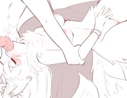 1boy 1girl animal_ears blush breasts breasts_out closed_eyes ear_piercing fellatio female_focus held_down highres irrumatio lying nipples nude on_back oral original penis piercing pussy restrained s sataen sataenart tail