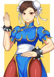 1girl absurdres blush bracelet breasts brown_eyes brown_hair bun_cover capcom chinese_clothes chun-li closed_mouth double_bun earrings hair_bun highres jewelry large_breasts light_blush looking_at_viewer pantyhose pelvic_curtain short_hair simple_background smile spiked_bracelet spikes street_fighter sweeva yellow_background