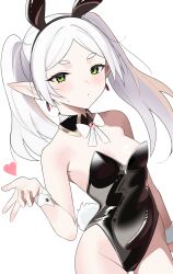 1girl absurdres animal_ears bare_shoulders black_leotard blowing_kiss blush bow bowtie breasts covered_navel detached_collar dutch_angle elf fake_animal_ears fake_tail floating_hair frieren frieren_blowing_a_kiss fuyukey green_eyes highleg highleg_leotard highres leotard long_hair out_of_frame parted_bangs pointy_ears simple_background small_breasts solo sousou_no_frieren tail thick_eyebrows thigh_gap twintails upper_body white_background white_hair wrist_cuffs