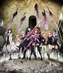 1boy 6+girls arimura_hinae belt belt_buckle black_dress black_jacket black_pants black_pantyhose black_shoes black_socks black_thighhighs blazer blonde_hair blood blood_on_clothes blood_on_face blood_on_leg bloody_weapon blue_eyes blue_hair bow breasts brown_cardigan brown_eyes brown_hair buckle buttons cardigan chaos;child chest_bow collarbone collared_shirt copyright_name cropped_jacket cry-planet d-sword double-breasted dress dress_vest ears_visible_through_hair everyone floating floating_clothes floating_object floating_sword floating_weapon frown full_body glasses glowing glowing_weapon hair_between_eyes hair_bow hair_ornament hair_ribbon hekiho_academy hekiho_academy_school_uniform highres holding holding_sword holding_weapon hood jacket kazuki_hana kneehighs kunosato_mio kurusu_nono lab_coat lapels large_breasts leather_belt loafers lollipop_in_mouth long_hair long_sleeves looking_at_another looking_at_viewer medium_breasts minamisawa_senri miniskirt miyashiro_takuru multiple_girls multiple_hair_bows necktie notched_lapels one_side_up onoe_serika open_mouth pants pantyhose pink_eyes pink_hair ponytail purple_eyes purple_hair red-framed_eyewear red_bow red_eyes red_necktie ribbon sailor_collar school_emblem school_uniform serious shibuya_(tokyo) shirt shoes short_hair short_necktie side_ponytail sidelocks skirt small_breasts socks standing stray_hair sumo_sticker_(chaos;child) sword thick_thighs thighhighs thighs tokyo_(city) twintails v-shaped_eyebrows very_long_hair weapon white_belt white_hood white_sailor_collar white_socks white_thighhighs white_trim yamazoe_uki zettai_ryouiki
