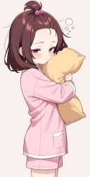 Rule 34 | 1girl, absurdres, bangs pinned back, brown hair, closed mouth, commentary request, cowboy shot, forehead, hair bobbles, hair ornament, highres, hugging object, long sleeves, medium hair, pajamas, pillow, pillow hug, pink pajamas, pink shirt, pink shorts, red eyes, shiguren 39, shirt, short shorts, shorts, simple background, solo, touhoku kiritan, voiceroid