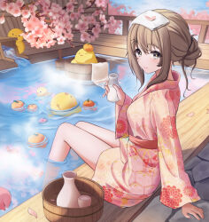 Rule 34 | 1girl, absurdres, baby animal, bare legs, bird, bottle, breasts, brown eyes, brown hair, bucket, cherry blossoms, chick, choko (cup), cup, flower, food, fruit, girls&#039; frontline, girls&#039; frontline 2: exilium, hair ornament, hairclip, highres, holding, holding bottle, hong su0, japanese clothes, k2 (girls&#039; frontline), kimono, looking at viewer, looking to the side, male focus, medium breasts, milk bottle, onsen, orange (fruit), petals, pink flower, pink kimono, sitting, smile, soaking feet, solo, steam, tokkuri, towel, towel on head, water, wooden bucket, yellow pupils, yoohee (girls&#039; frontline 2), yukata
