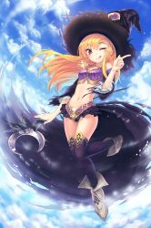 1girl ;q ankle_boots arm_at_side bare_shoulders black_hat black_legwear blonde_hair blue_sky boots breasts closed_mouth cloud cloudy_sky crescent daria_(shadowverse) day dorothy_(shadowverse) dorothy_(shingeki_no_bahamut) extra_eyes female_focus from_below full_body grey_boots hat index_finger_raised jewelry kamome_yuu leg_up light_particles long_hair looking_at_viewer microskirt midair midriff navel necklace one_eye_closed outdoors panties pendant red_eyes shadowverse shingeki_no_bahamut skirt sky small_breasts solo staff stomach tongue tongue_out underwear witch witch_hat