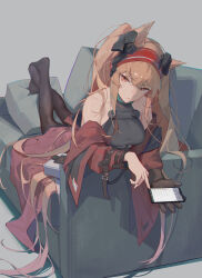 1girl absurdres angelina_(arknights) animal_ears arknights bare_shoulders black_pantyhose breasts brown_eyes brown_gloves brown_hair cellphone closed_mouth commentary couch dawder expressionless full_body gloves grey_background grey_shirt highres holding holding_phone infection_monitor_(arknights) jacket long_hair looking_at_viewer lying medium_breasts no_shoes on_couch on_stomach pantyhose phone red_jacket shirt simple_background single_glove smartphone solo symbol-only_commentary the_pose twintails