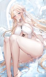 1girl arch azur_lane bare_legs blonde_hair blue_eyes blush breasts brest_(azur_lane) brest_(marine_muse)_(azur_lane) cameltoe clothing_cutout dress dutch_angle feet_out_of_frame hair_ribbon highres knees_up large_breasts long_hair looking_at_viewer parted_bangs parted_lips pointy_ears revealing_clothes ribbon sitting solo sora_72-iro sparkle thighs water white_dress white_ribbon