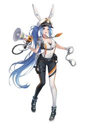 1girl absurdres animal_ears belt belt_pouch black_belt black_bra black_pants black_shoes blue_eyes blue_hair bra bra_peek breast_pocket breasts buckle carrot cleavage cleavage_cutout clothing_cutout collared_shirt commentary_request cuffs dress_shirt floating_hair full_body gloves gluteal_fold gun hair_ornament hairclip handcuffs handgun hat high_tops highres holding holding_handcuffs holding_megaphone holster holstered key kurimui2 large_breasts light_blush long_hair looking_at_viewer megaphone mole mole_on_breast mole_under_eye multicolored_pants open_mouth orange_pants original pants partially_unbuttoned peaked_cap pocket police police_hat police_uniform policewoman ponytail pouch rabbit_ears rabbit_girl rabbit_tail shirt shirt_tucked_in shoes short_sleeves simple_background smile snap-fit_buckle sneakers solo sticker suspenders tail teeth thigh_holster thigh_strap tight_clothes tight_pants tongue tongue_out underbust underwear upper_teeth_only very_long_hair walkie-talkie weapon white_background white_gloves white_hat white_pants white_shirt