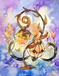 Rule 34 | alternate color, chandelure, full body, gen 5 pokemon, highres, lantern, nintendo, no humans, non (kumakawayusu), painting (medium), plant, pokemon, pokemon (creature), purple background, shiny pokemon, solo, traditional media, vines, watercolor (medium)
