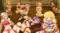 6+girls angry anise_tatlin ass ball_gag bare_legs bare_shoulders bdsm beryl_benito blonde_hair blue_eyes bondage bound bound_arms bound_legs bra breast_bondage breasts brown_eyes brown_hair cat_lingerie collarbone crotch_rope day eleanor_hume estellise_sidos_heurassein female_focus flower frilled_bra frilled_panties frills furrowed_brow gag gagged green_eyes grey_eyes hair_flower hair_ornament hair_ribbon head_tilt highres indoors lingerie loli long_hair looking_at_viewer looking_back marta_lualdi medium_breasts multiple_girls namco navel one_eye_closed panties pink_hair presea_combatir purple_eyes purple_hair red_hair restrained ribbon rita_mordio rope scared shibari shibari_over_clothes short_hair side-tie_panties sophie_(tales) struggling tales_of_(series) tales_of_graces tales_of_hearts tales_of_symphonia tales_of_symphonia:_dawn_of_the_new_world tales_of_the_abyss tales_of_vesperia tales_of_zestiria tears twintails underwear underwear_only upset very_long_hair wince yasume_yukito