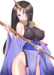 1girl alternate_hairstyle black_leotard blue_eyes breasts closed_mouth coffee_cat commentary_request covered_erect_nipples dragon_girl dragon_horns elma_(maidragon) highres holding holding_staff horns japanese_clothes kimono kobayashi-san_chi_no_maidragon large_breasts leotard long_hair looking_at_viewer off_shoulder purple_kimono sash sideboob simple_background smile solo staff standing straight_hair white_background