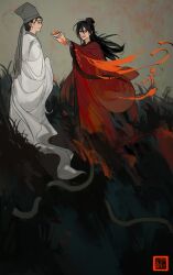 Rule 34 | 2boys, absurdres, bandaged arm, bandages, black eyes, black hair, chinese clothes, cup, dao gui yi xian, faux traditional media, fire, floating liquid, full body, glasses, grass, grey hat, hair bun, half updo, hanfu, hat, hat ribbon, highres, holding, holding cup, jin (headwear), li huowang, long hair, long sleeves, looking at another, male focus, multiple boys, open mouth, outdoors, red hanfu, ribbon, robe, seal impression, single hair bun, smile, spilling, standing, tobehappyandfree, updo, white hanfu, wide sleeves, yaoi, zhouzi jin (headwear), zhuge yuan