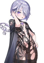 1girl alternate_costume black_bodysuit black_cloak blush bodysuit chest_jewel chronopattern_dress cloak commentary english_commentary gem grey_hair gurumie hair_over_one_eye highres hololive hololive_english jewel_under_eye koseki_bijou looking_at_viewer meme_attire metal_wings navel official_alternate_hairstyle open_mouth purple_eyes purple_gemstone purple_nails see-through_bodysuit see-through_clothes short_hair simple_background solo torn_bodysuit torn_clothes virtual_youtuber white_background