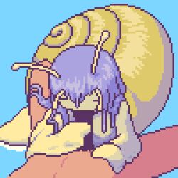 1boy 1girl akai_(ugokashitari) animated animated_gif antennae blinking blue_background fellatio hair_between_eyes handjob hetero long_hair lowres monster_girl oral original penis pixel_art purple_hair shell simple_background snail_girl solo
