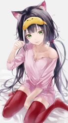 1girl absurdres animal_ear_fluff cat_girl cat_tail collarbone commentary_request facing_viewer green_eyes hair_ribbon highres karyl_(princess_connect!) long_hair looking_at_viewer messy_hair no_bra on_bed open_mouth princess_connect! red_thighhighs renoahh ribbon rubbing_eyes simple_background single_off_shoulder sitting sleep_mask solo tail thighhighs twintails waking_up wariza white_background zettai_ryouiki