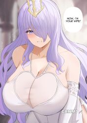 1girl alternate_costume artist_name bare_shoulders breasts camilla_(fire_emblem) cleavage collarbone dress english_text female_focus fire_emblem fire_emblem_fates fire_emblem_heroes genm7 grin hair_ornament hair_over_one_eye large_breasts long_hair looking_at_viewer nintendo purple_eyes purple_hair smile solo speech_bubble teeth wedding_dress