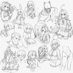 4boys 6+girls ahoge android armor bandaid bandaid_on_face bare_shoulders batman batman_(series) blunt_bangs blush cape collarbone covered_erect_nipples crown dc_comics facial_hair flower frown gauntlets glasses gloves greaves greyscale hair_between_eyes hair_over_one_eye hairband hand_on_own_hip hatching_(texture) heart heart_tattoo holding holding_flower holding_sword holding_weapon legs leotard long_hair mechanical_arms medium_hair monochrome multiple_boys multiple_girls navel necktie original parted_lips pauldrons petals ribbon short_hair shoulder_armor signature single_mechanical_arm sketch skirt smile sword tattoo thighhighs water weapon wookyung