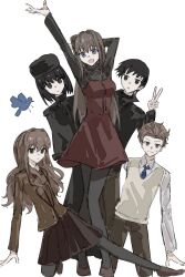 2boys 3girls animal aozaki_aoko arm_up bird black_dress black_eyes black_hair black_hat black_jacket black_leggings blazer blue_bird blue_eyes blue_necktie bow bowtie brown_hair brown_jacket brown_pants brown_skirt dress fur_collar fur_hat fur_trim hair_intakes hat highres jacket kumari_kojika kuonji_alice leggings long_hair long_sleeves looking_at_viewer lost_robin_rondo mahou_tsukai_no_yoru multiple_boys multiple_girls necktie pants private_misaki_high_school_uniform red_bow red_bowtie red_dress school_uniform shirt shizuki_soujuurou short_hair simple_background skirt sweater triangle_mouth tsukiji_tobimaru turtleneck turtleneck_sweater v white_background white_shirt