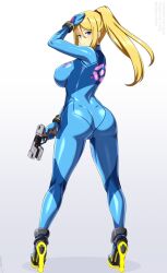 1girl ass blonde_hair blue_bodysuit blue_eyes bodysuit breasts from_behind full_body gun high_heels high_ponytail highres holding holding_gun holding_weapon large_breasts lindaroze long_hair looking_at_viewer looking_back metroid nintendo ponytail samus_aran simple_background skin_tight solo standing weapon white_background zero_suit