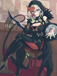 Rule 34 | 1girl, bare shoulders, black dress, breasts, cleavage, crossed legs, dagger, diabellstar the black witch, dress, duel monster, green hair, grey hair, half mask, highres, holding, holding dagger, holding knife, holding weapon, hood, hood up, knife, large breasts, mask, medium hair, multicolored hair, pantyhose, red hair, red mask, red pantyhose, shakepuri purin, sitting, solo, streaked hair, weapon, yu-gi-oh!