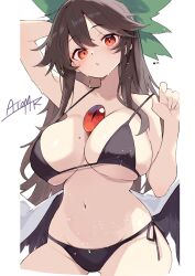 1girl absurdres bikini bikini_pull black_bikini black_hair black_wings bow breasts cape cleavage clothes_pull commentary_request cowboy_shot green_bow groin hair_bow hair_flaps highres huge_breasts long_hair looking_at_viewer mole mole_on_breast navel open_mouth pulling_own_clothes red_eyes reiuji_utsuho signature simple_background solo swimsuit tetsurou_(fe+) third_eye touhou white_background white_cape wings