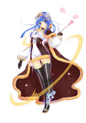 1boy absurdres black_gloves black_thighhighs blue_eyes blue_hair blunt_bangs brown_cape brown_dress cape closed_mouth commentary_request crossdressing dress flower full_body fur-trimmed_cape fur-trimmed_dress fur_trim garter_straps gloves hair_flower hair_ornament highres holding holding_wand long_hair looking_at_viewer male_focus nerine_aki official_alternate_costume ragnarok_online rose sandals short_dress simple_background smile solo standing thighhighs trap two-tone_dress wand warlock_(ragnarok_online) white_background white_dress white_flower white_rose yellow_sandals