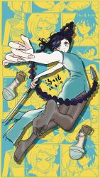 1boy 1girl absurdres aqua_eyes black_hair blood braid braided_ponytail chinese_clothes comic comic feet green_eyes highres injury long_hair looking_at_viewer mole mole_under_eye pantyhose scissor_seven seven_(scissor_seven) shoes short_sword soles sword tangerhua thirteen_(scissor_seven) unworn_shoes weapon