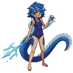 1girl blue_hair can commission commissioner_upload dark-skinned_female dark_skin dinosaur_girl dinosaur_tail drink_can feet fingernails multicolored_hair orange_eyes original otchakun_(artist) polearm robin_injigo school_swimsuit sharp_fingernails sharp_teeth short_hair smile soda_can solo spinosaurus swimsuit tail teeth tomboy trident two-tone_hair water weapon white_hair