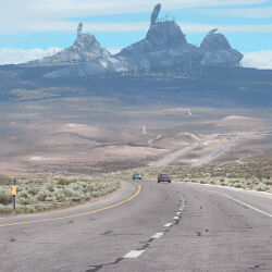 abandoned car day desert dilapidated ford ford_crown_victoria ford_crown_victoria_(1st_generation) highres military_vehicle motor_vehicle no_humans official_art outdoors road science_fiction simon_stalenhag the_electric_state traffic