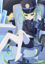 1girl absurdres anleewind blue_archive blue_hat blue_jacket buttons fang gloves green_hair halo hat highres jacket nozomi_(blue_archive) open_mouth pantyhose pointy_ears sitting skin_fang smile solo twintails white_gloves white_pantyhose yellow_eyes