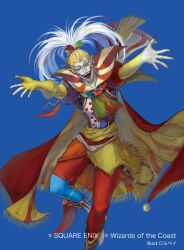 1boy artist_name asymmetrical_clothes blonde_hair blue_background blue_eyes blue_pants cape cefca_palazzo clown facepaint final_fantasy final_fantasy_vi fingerless_gloves foot_out_of_frame gloves magic:_the_gathering makitoyuito male_focus official_art open_mouth outstretched_arms pants pointy_ears ponytail red_pants smile solo square_enix two-sided_cape two-sided_fabric