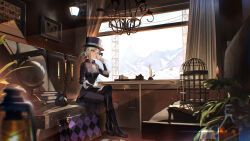 1girl absurdres ascot birdcage black_coat black_jacket black_pants blonde_hair book book_stack booth_seating boots bottle cage candle candlestand chandelier chess_piece chessboard coat crossed_legs cup curtains fire gem globe hair_bun hat hidikan high_heel_boots high_heels highres inkwell jacket lamp looking_at_viewer mountainous_horizon pants picture_frame power_lines purple_brooch quill reverse:1999 single_side_bun sitting solo suitcase teacup top_hat transmission_tower vertin_(reverse:1999) vest waistcoat white_ascot wind yellow_eyes