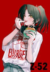 1girl absurdres azur_lane black_hair bracelet burger character_name colored_inner_hair denim ear_piercing eating food food_on_hand hands_up headphones headphones_around_neck highres holding holding_burger holding_food jeans jewelry licking licking_finger light_blush looking_at_viewer multicolored_hair pants parted_bangs piercing red_background red_hair red_nails ring rmflawhdk12345 shirt short_sleeves simple_background solo spiked_bracelet spikes upper_body white_shirt yellow_eyes z52_(azur_lane)