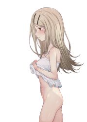 1girl abuse blush bottomless bruise camisole camisole_lift clothes_lift cowboy_shot gakuen_idolmaster hair_ornament hairclip highres idolmaster injury lee_mae_hyang lifting_own_clothes light_brown_hair long_hair navel orange_eyes parted_lips ryona shinosawa_hiro simple_background solo white_background white_camisole