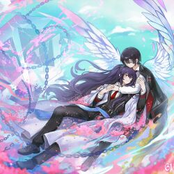 2boys aqua_eyes black_coat black_hair black_pants black_shoes black_vest chain closed_eyes coat couple feathered_wings flaw_eight half_updo heterochromia highres hong_lu_(project_moon) limbus_company long_hair looking_at_another male_focus multiple_boys necktie pants project_moon red_necktie shirt shoes short_hair smile very_long_hair vest white_shirt white_wings wings yaoi yi_sang_(project_moon)