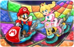 1boy 1girl mario mario_(series) mario_kart nintendo princess_peach rainbow_road super_mario_bros._1
