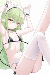 1girl absurdres alternate_costume apron bikini black_bikini blue_archive breasts enmaided feet_out_of_frame green_hair green_halo halo highres hikari_(blue_archive) legs_up loli long_hair looking_at_viewer maid maid_apron maid_bikini maid_headdress navel pointy_ears sitting small_breasts swimsuit thighhighs unconventional_maid white_apron wrist_cuffs yellow_eyes zerotwenty_(020)