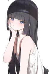1girl ahoge bare_arms bare_shoulders black_hair blue_eyes blunt_bangs breasts closed_mouth collarbone dress hand_on_own_face highres hime_cut indie_virtual_youtuber light_blush long_hair looking_at_viewer mang_nae_(vtuber) n4_h4m simple_background sleeveless small_breasts solo upper_body virtual_youtuber white_background