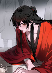 Rule 34 | 1boy, absurdres, bags under eyes, bandaged arm, bandages, black hair, blush, chinese clothes, chinese commentary, collarbone, dao gui yi xian, hair between eyes, hair bun, half updo, hanfu, highres, li huowang, long hair, long sleeves, looking to the side, lying, male focus, moxiaobingbuxiao, multiple boys, on floor, on stomach, parted lips, pectoral cleavage, pectorals, people, ponytail, red eyes, red hanfu, rice, robe, sidelocks, single hair bun, solo focus, sweat, upper body, wide sleeves