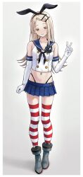 1girl anchor_hair_ornament arm_up black_panties blonde_hair blush elbow_gloves gakuen_idolmaster gloves hair_ornament hairband hairclip highleg highleg_panties highres idolmaster imaninjaguy kantai_collection long_hair looking_at_viewer navel orange_eyes panties sailor_collar shimakaze_(kancolle) shinosawa_hiro skirt smile solo striped_clothes striped_thighhighs thighhighs underwear v white_gloves