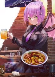 1girl absurdres belt black_belt black_corset black_jacket black_shirt black_skirt blazer bowl brick_wall commentary corset cropped_jacket cup food green_eyes hair_ornament hairpin highres holding holding_bowl holding_cup hololive jacket nail_polish necktie overskirt pencamp purple_hair purple_nails purple_necktie shirt shirt_tucked_in short_hair skirt sleeve_cuffs small_horns solo symbol-only_commentary table tissue_box tokoyami_towa tokoyami_towa_(school_uniform) virtual_youtuber wings wooden_table