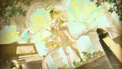 1girl absurdres arch book book_stack closed_mouth dress flower green_eyes green_hair hair_flower hair_ornament highres holding long_sleeves looking_at_viewer original pillar plant puffy_long_sleeves puffy_sleeves short_hair socks solo standing white_dress white_flower wuqueti